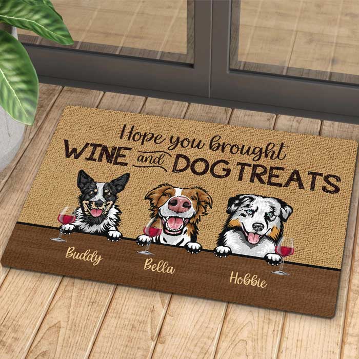 Custom Name Wine and Dog Treats Gifts for Dog Lovers - Personalized Doormat