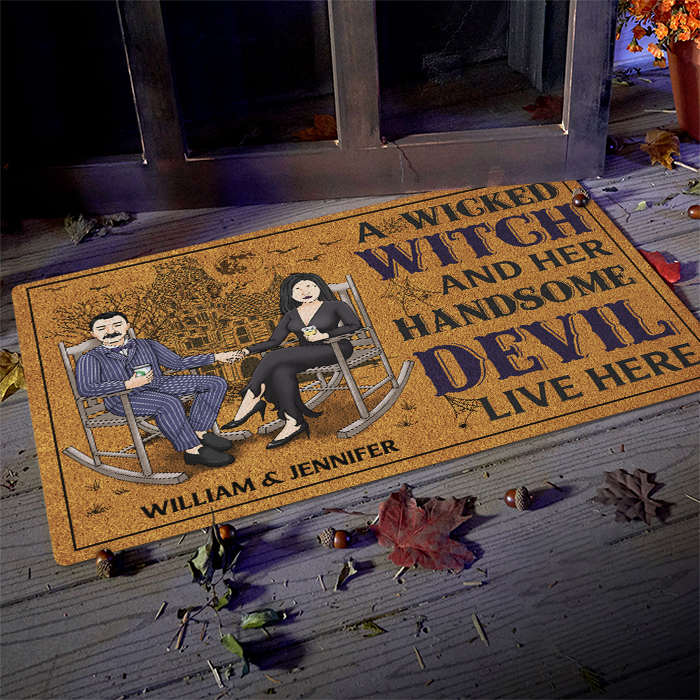 A Wicked Witch & Her Handsome Devil Live Here - Personalized Decorative Mat - Gift For Couple, Husband Wife, Halloween Gift