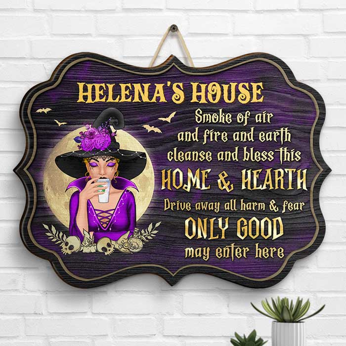 Drive Away All Harm & Fear, Only Good May Enter Here - Personalized Witch Shaped Wood Sign - Gift For Witches, Gift For Yourself, Halloween Gift