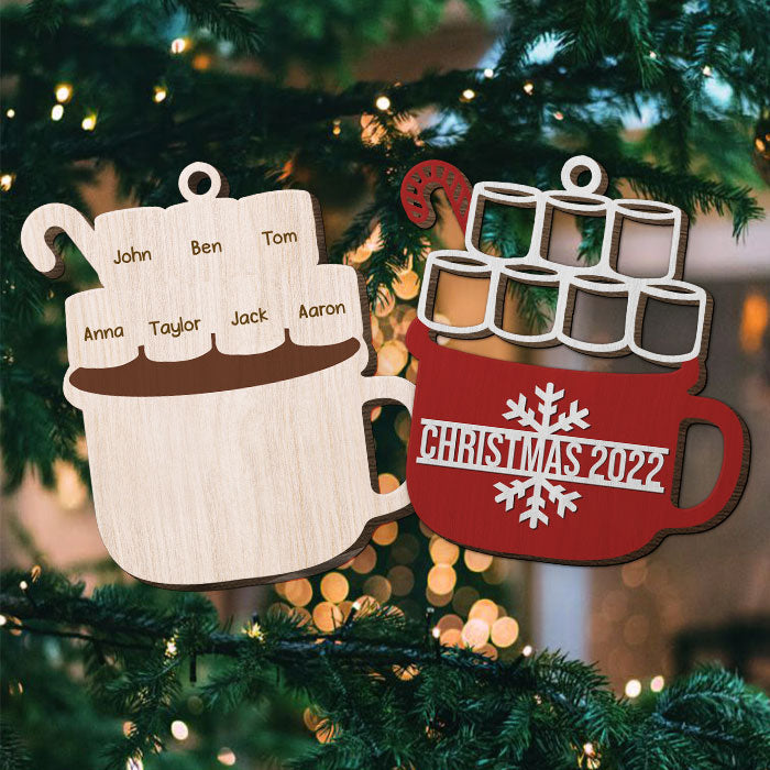 Festive Christmas Hot Chocolate With Marshmallow And Candy Cane - Personalized Custom Marshmallow Shaped 2 Layered Wood Christmas Ornament - Gift For Family Members, Christmas Gift