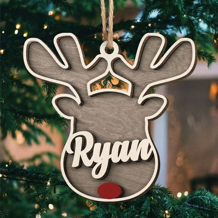 Reindeer Christmas - Personalized Custom Reindeer Face Shaped 2 Layered Wood Christmas Ornament - Christmas Gift