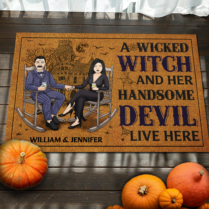 A Wicked Witch & Her Handsome Devil Live Here - Personalized Decorative Mat - Gift For Couple, Husband Wife, Halloween Gift