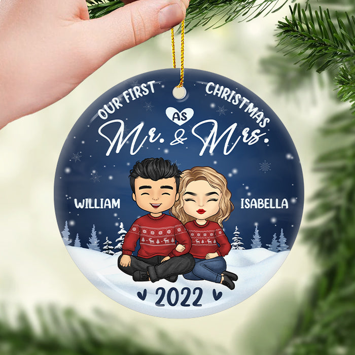 Our First Christmas As Mr & Mrs - Personalized Custom Round Shaped Ceramic Christmas Ornament - Gift For Couple, Husband Wife, Anniversary, Engagement, Wedding, Marriage Gift, Christmas Gift