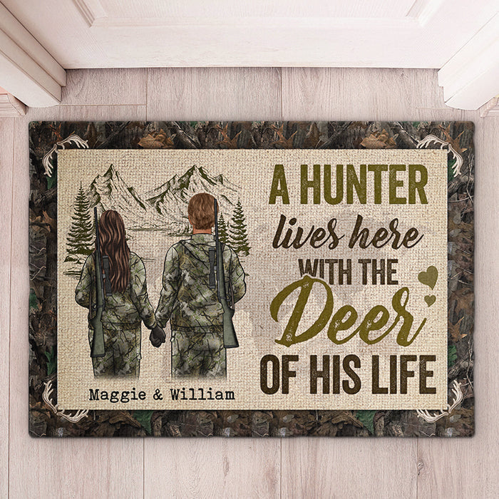A Hunter Lives Here With The Deer Of His Life - Gift For Hunting Couples, Personalized Decorative Mat
