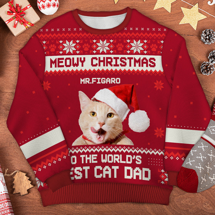 Meowy Christmas To The Best Cat Dad Cat Mom - Personalized Custom Unisex Ugly Christmas Sweatshirt, Wool Sweatshirt, All-Over-Print Sweatshirt - Upload Image, Gift For Cat Lovers, Pet Lovers, Christmas Gift