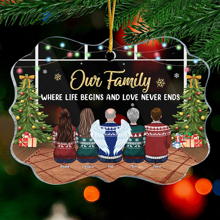 Our Family Where Love Never Ends - Personalized Custom Benelux Shaped Acrylic Christmas Ornament - Gift For Family, Christmas Gift