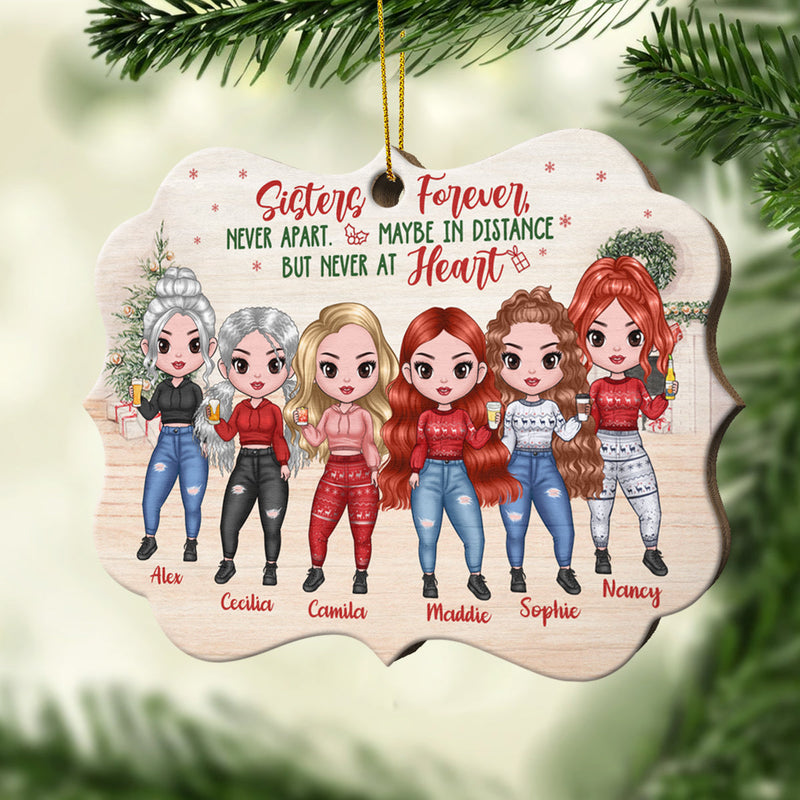 Sisters Forever, Never Apart - Maybe In Distance But Never At Heart - Personalized Custom Benelux Shaped Wood Christmas Ornament