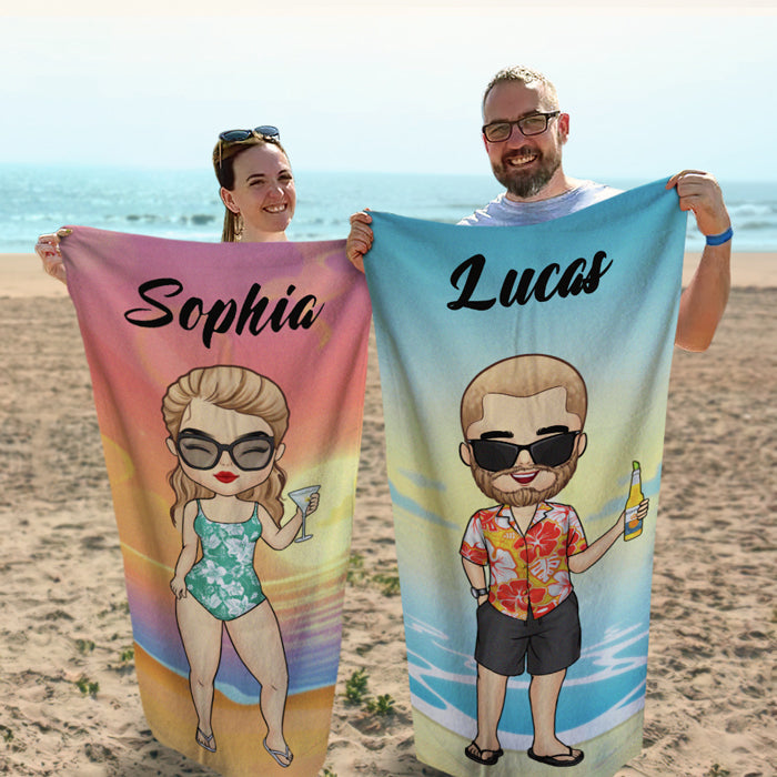 Chibi Couple Summer Holiday - Personalized Beach Towel - Gift For Couples, Husband & Wife