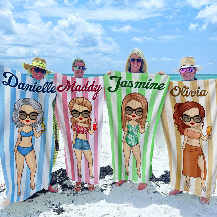 Stripe Pattern Chibi Summer Vacation - Personalized Beach Towel - Gift For Bestie