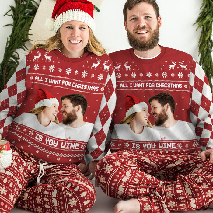 All I Want For Christmas - Personalized Custom Unisex Ugly Christmas Sweatshirt, Wool Sweatshirt, All-Over-Print Sweatshirt - Upload Image, Gift For Couple, Husband Wife, Anniversary, Engagement, Wedding, Marriage Gift, Christmas Gift
