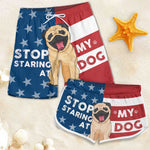 Funny Stop Staring at My Dog Couple Gifts - Couple Beach Shorts