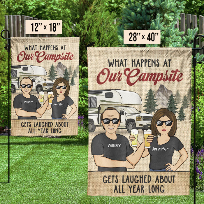 What Happens At Our Campsite Vintage - Personalized Flag - Gift For Camping Lovers