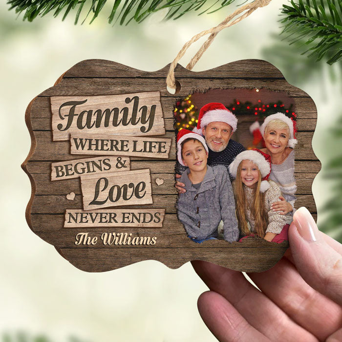 Family Where Love Never Ends - Personalized Custom Benelux Shaped Wood Photo Christmas Ornament - Upload Image, Gift For Family, Christmas Gift