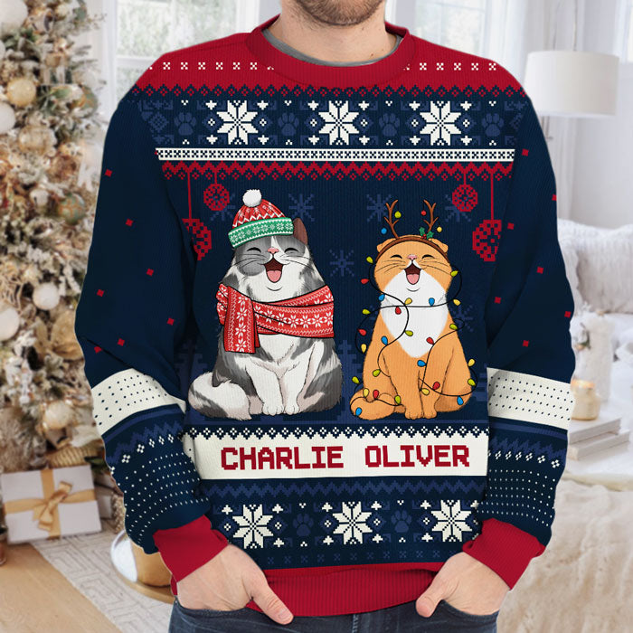 Christmas Cats - Personalized Custom Unisex Ugly Christmas Sweatshirt, Wool Sweatshirt, All-Over-Print Sweatshirt - Gift For Cat Lovers, Pet Lovers, Christmas Gift