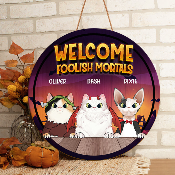 Custom Name Halloween Cat Welcome Decor - Personalized Wood Sign