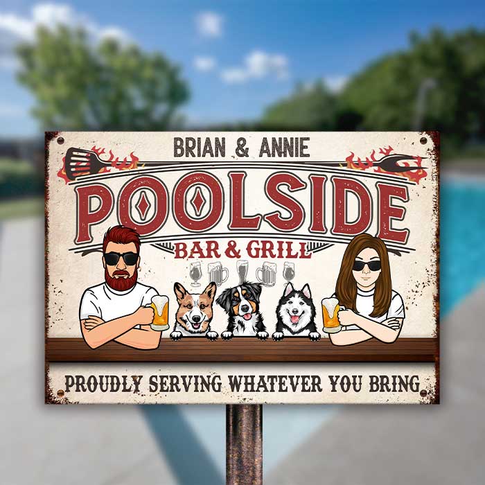 Custom Name Poolside Bar & Grill Gifts for Couples - Personalized Metal Sign