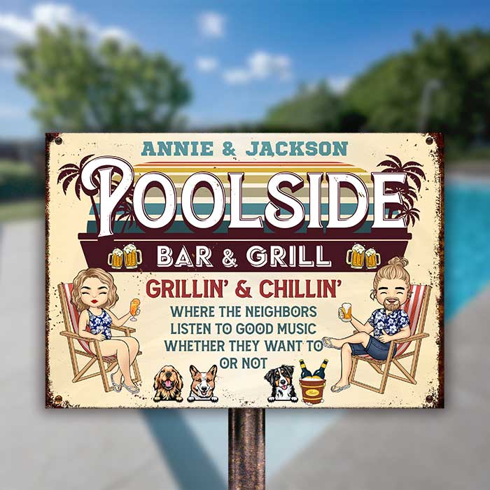 Poolside Bar & Grill - Personalized Metal Sign - Gift For Couples, Husband Wife