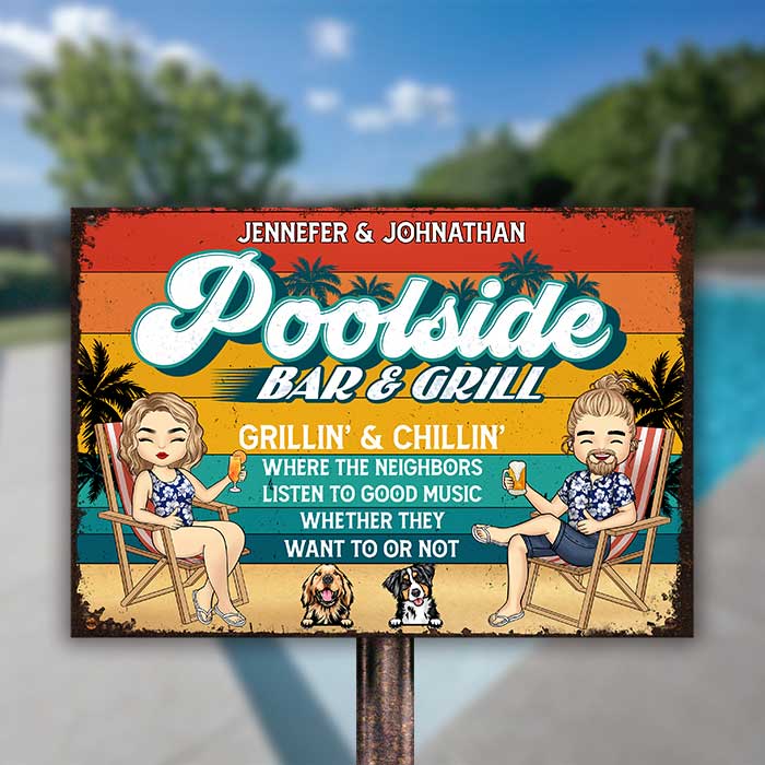 Poolside Grillin' & Chillin' - Personalized Metal Sign - Gift For Couples, Husband Wife