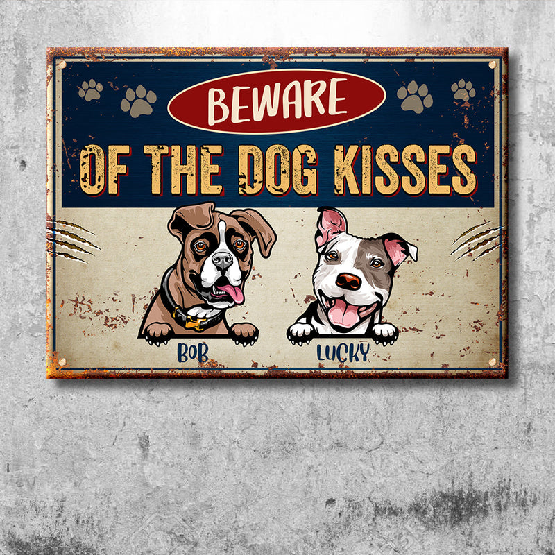 Custom Dog Name Beware of Dog Kisses Gifts for Dog Lovers - Personalized Metal Sign