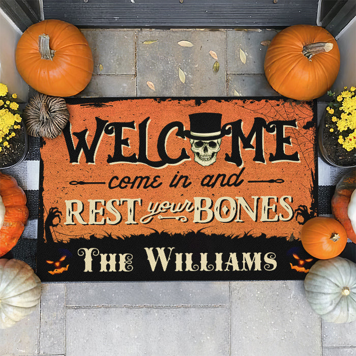 Custom Name Halloween Skeleton Welcome Decor - Personalized Doormat