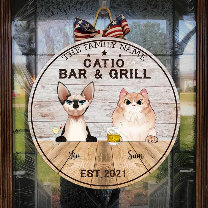 Custom Name Catio Bar & Grill Cat Family Gifts - Personalized Wood Sign
