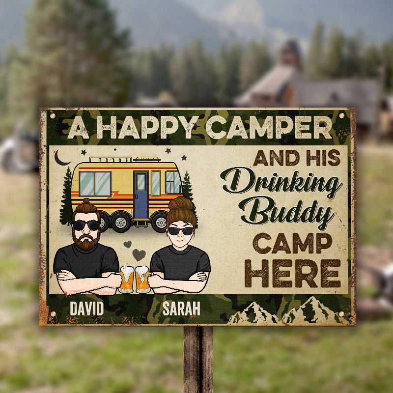 Custom Name Happy Camper Gifts for Camping Buddies - Personalized Metal Sign