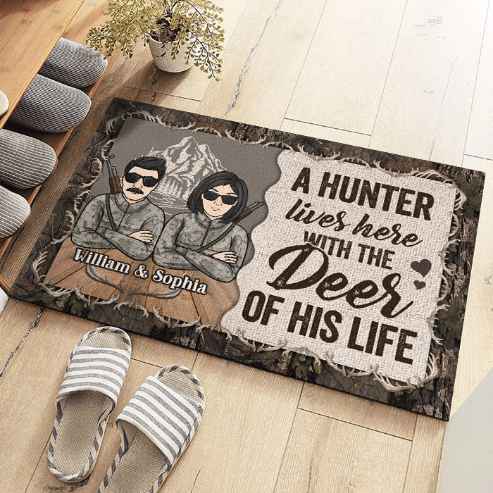 A Hunter Lives With The Deer Of His Life - Gift For Hunting Couples, Personalized Decorative Mat