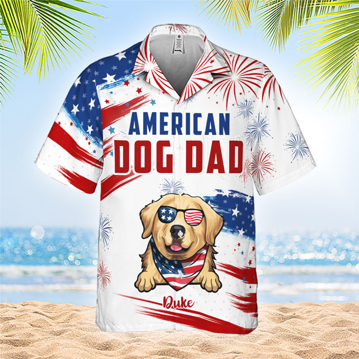 Custom Name American Dog Dad Gifts for Men - Personalized Hawaiian Shirt