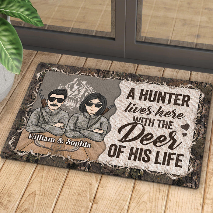 A Hunter Lives With The Deer Of His Life - Gift For Hunting Couples, Personalized Decorative Mat