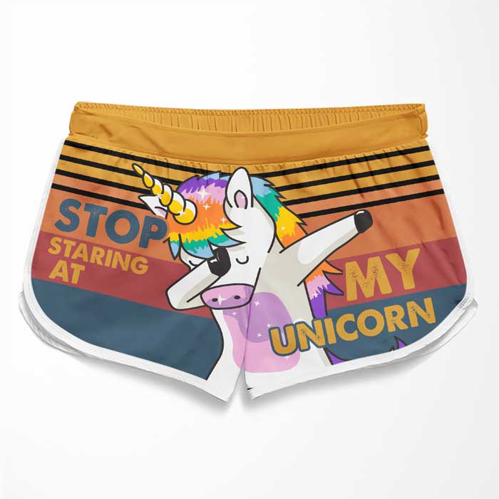 Stop Staring At My Unicorn - Personalized Couple Beach Shorts - Gift For Couples, Husband Wife