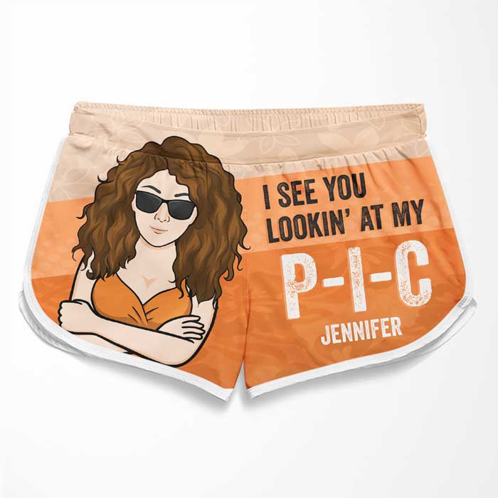 I See You Lookin' At My PIC - Personalized Couple Beach Shorts - Gift For Couples, Husband Wife