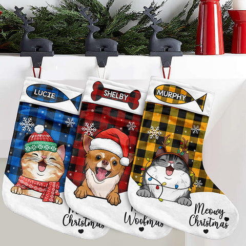 Meowy Christmas & Merry Woofmas - Christmas Dogs & Smiling Cats - Personalized Christmas Stocking.