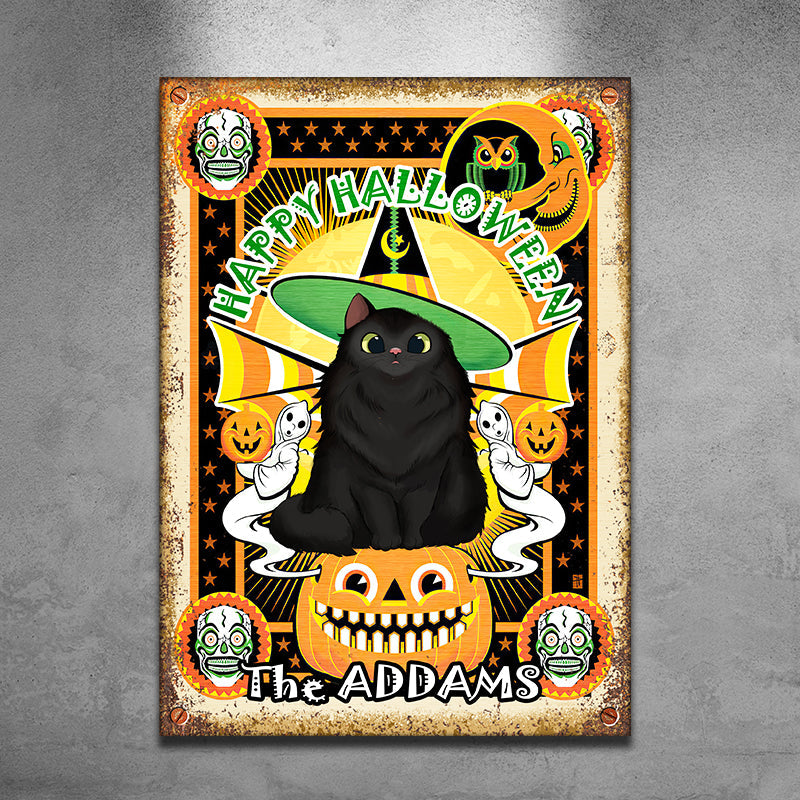 Custom Name Halloween Black Cat Family Decor - Personalized Metal Sign
