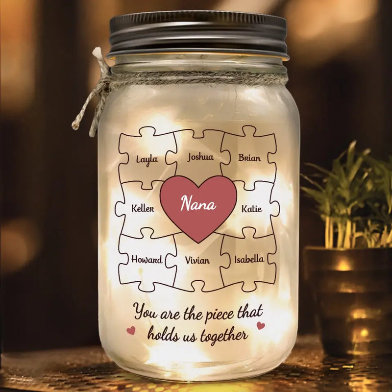 Custom Name Puzzle Heart Family Gifts for Grandma - Personalized Mason Jar Light