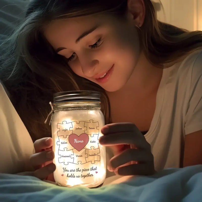 Custom Name Puzzle Heart Family Gifts for Grandma - Personalized Mason Jar Light