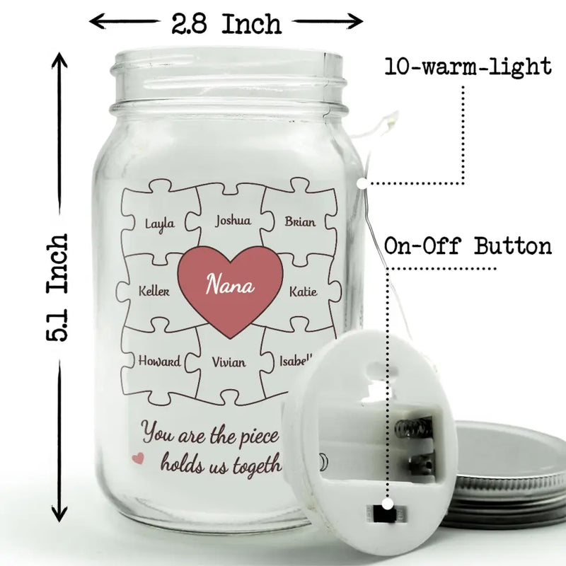 Custom Name Puzzle Heart Family Gifts for Grandma - Personalized Mason Jar Light