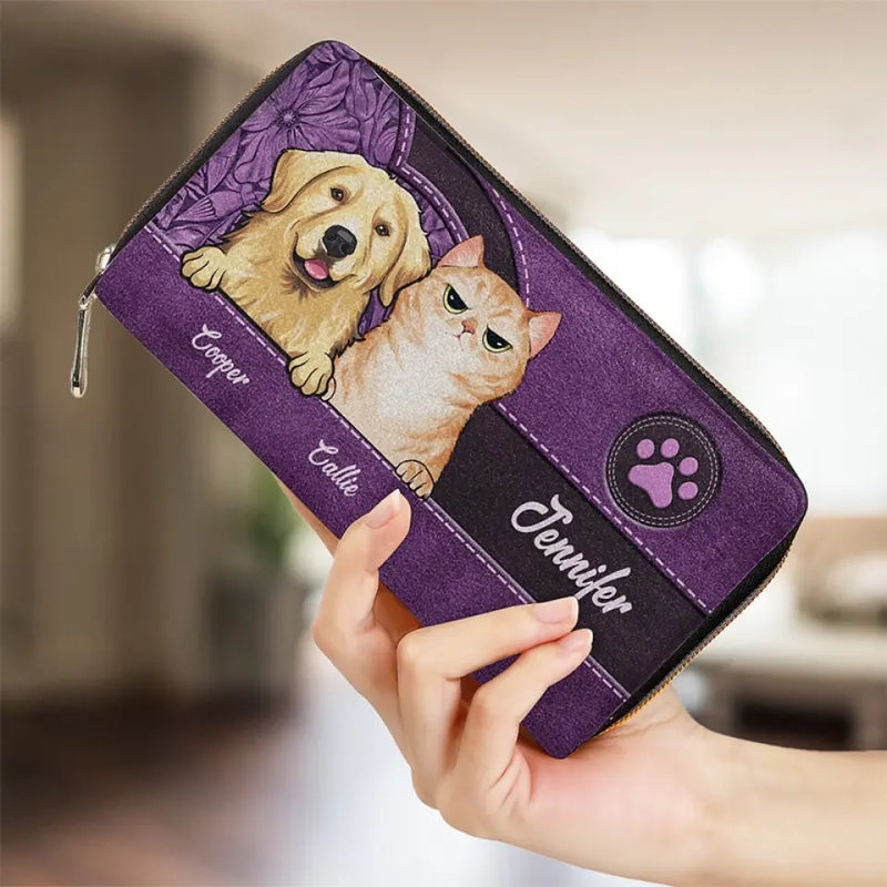 Custom Name Cat Lover Gifts - Personalized Leather Long Wallet
