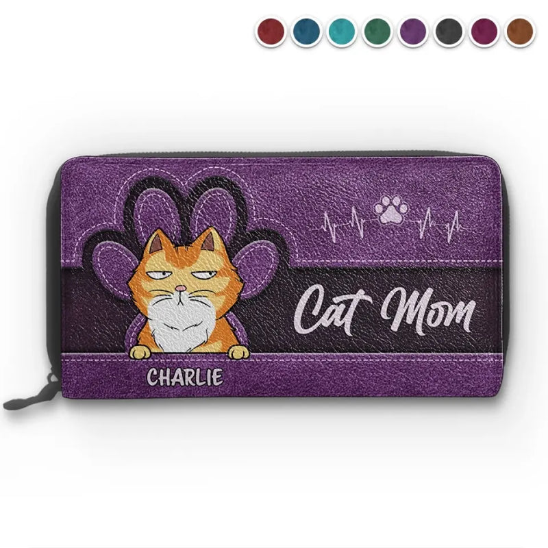 Custom Name Cat Mom Gifts for Cat Lovers - Personalized Leather Long Wallet