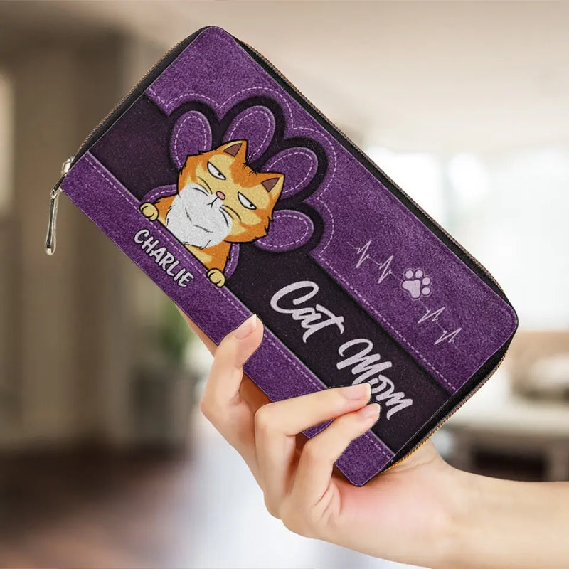 Custom Name Cat Mom Gifts for Cat Lovers - Personalized Leather Long Wallet