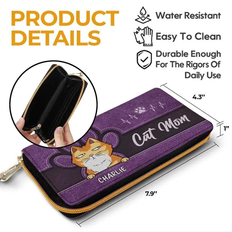 Custom Name Cat Mom Gifts for Cat Lovers - Personalized Leather Long Wallet
