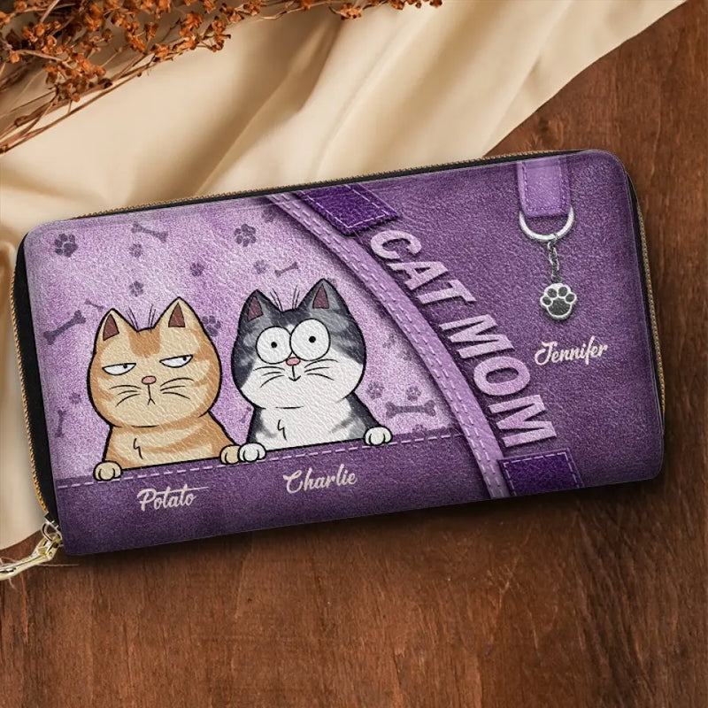 Custom Name Cat Mom Gifts for Cat Lovers - Personalized Leather Long Wallet