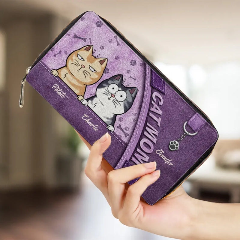 Custom Name Cat Mom Gifts for Cat Lovers - Personalized Leather Long Wallet