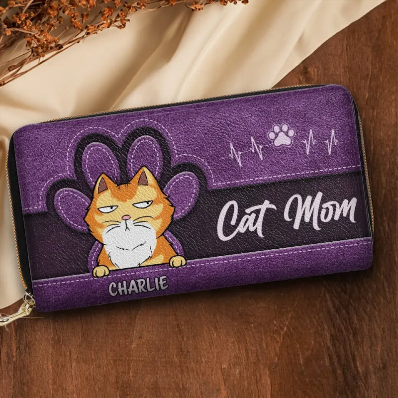 Custom Name Cat Mom Gifts for Cat Lovers - Personalized Leather Long Wallet