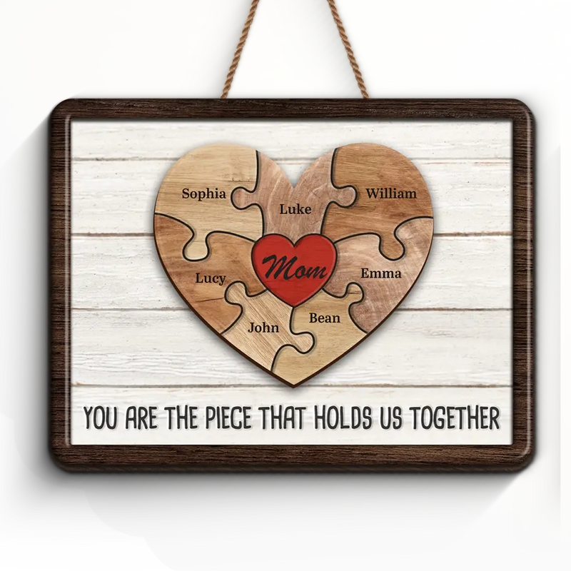 Custom Family Puzzle Heart Gifts for Mom - Personalized Wood Sign