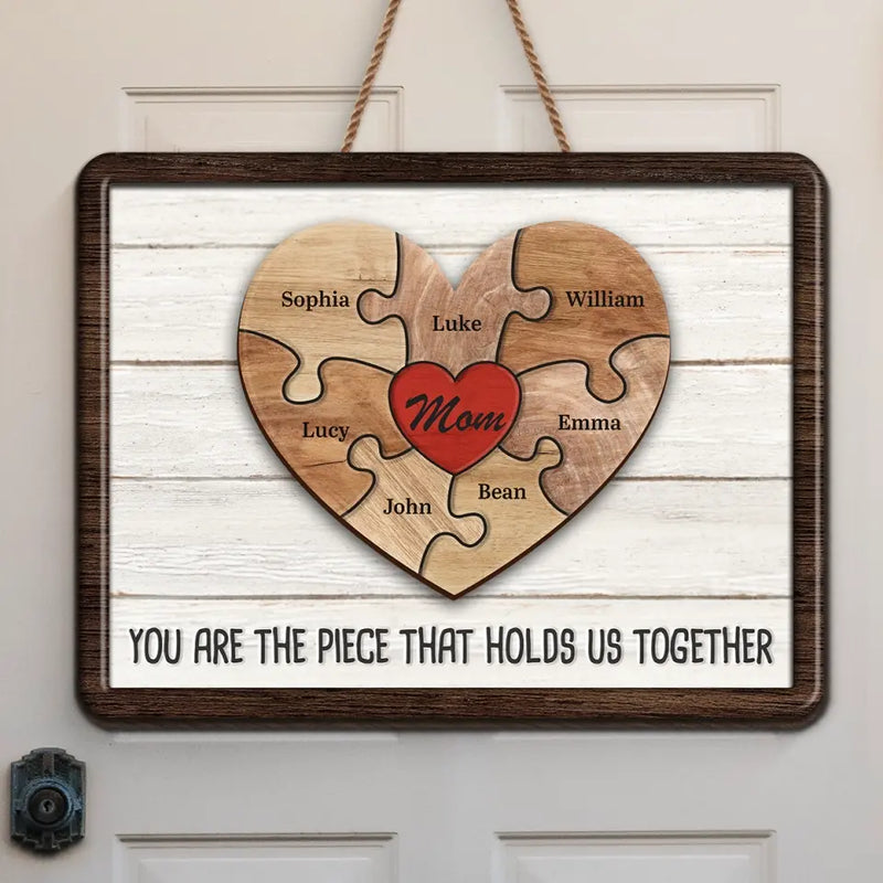 Custom Family Puzzle Heart Gifts for Mom - Personalized Wood Sign