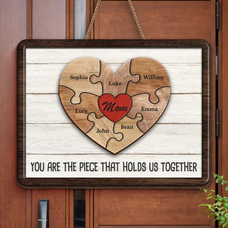 Custom Family Puzzle Heart Gifts for Mom - Personalized Wood Sign