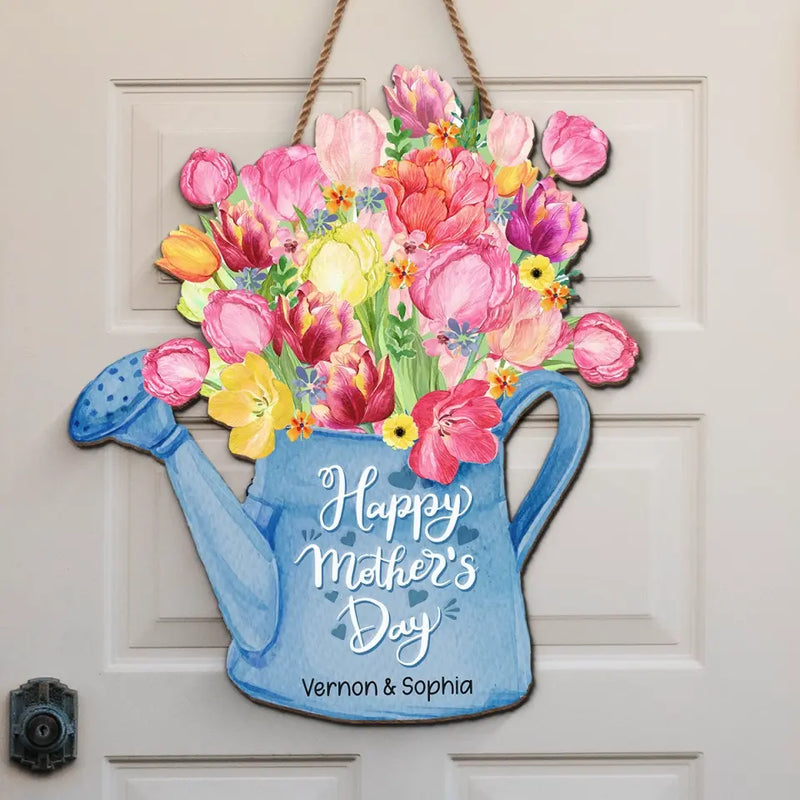 Custom Name Floral Watering Can Mother's Day Gifts for Mom - Personalized Wood Sign