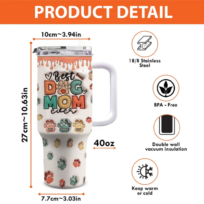 Custom Name Dog Mom Gifts for Pet Lovers - Personalized 40 Oz Tumbler With Handle