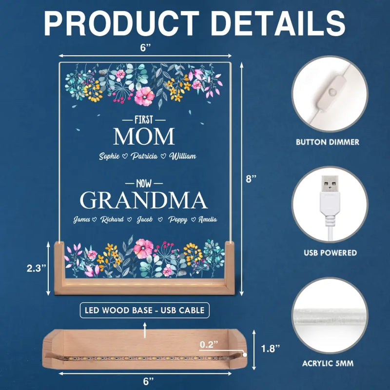 Custom Name First Mom Now Grandma Gifts - Personalized 3D LED Walnut Night Light