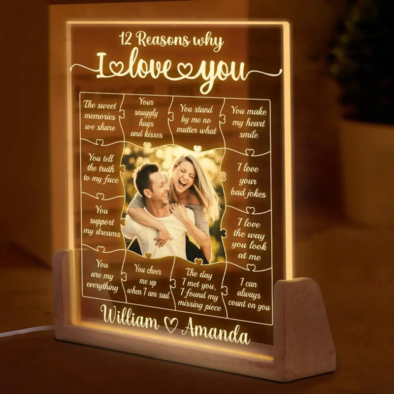 Custom Photo 12 Reasons Why I Love You Gifts for Couples - Personalized 3D LED Walnut Night Light